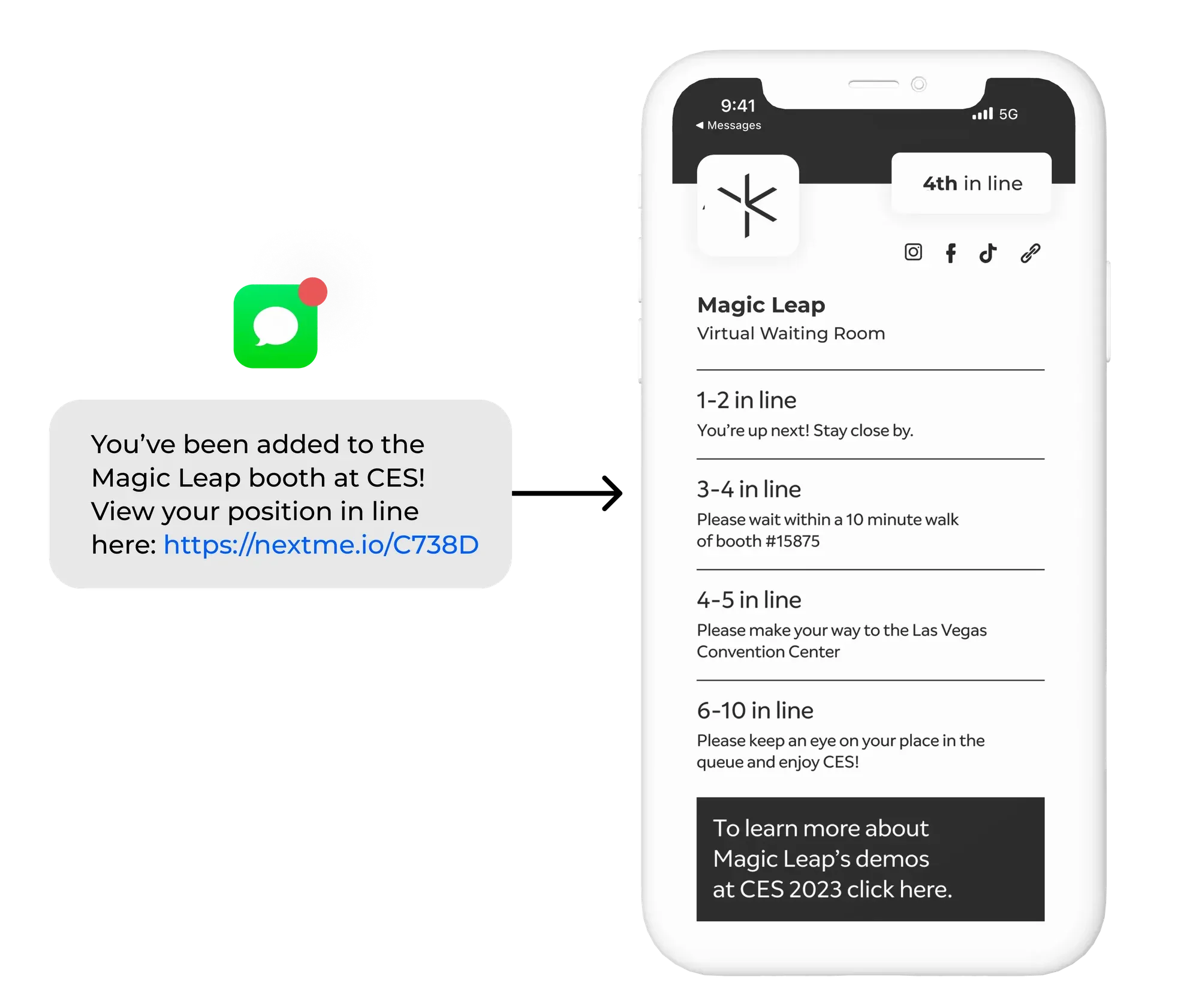 The text confirming a guest was added to the Magic Leap booth waitlist at CES, beside Magic Leap’s virtual waiting room showing them 4th in line