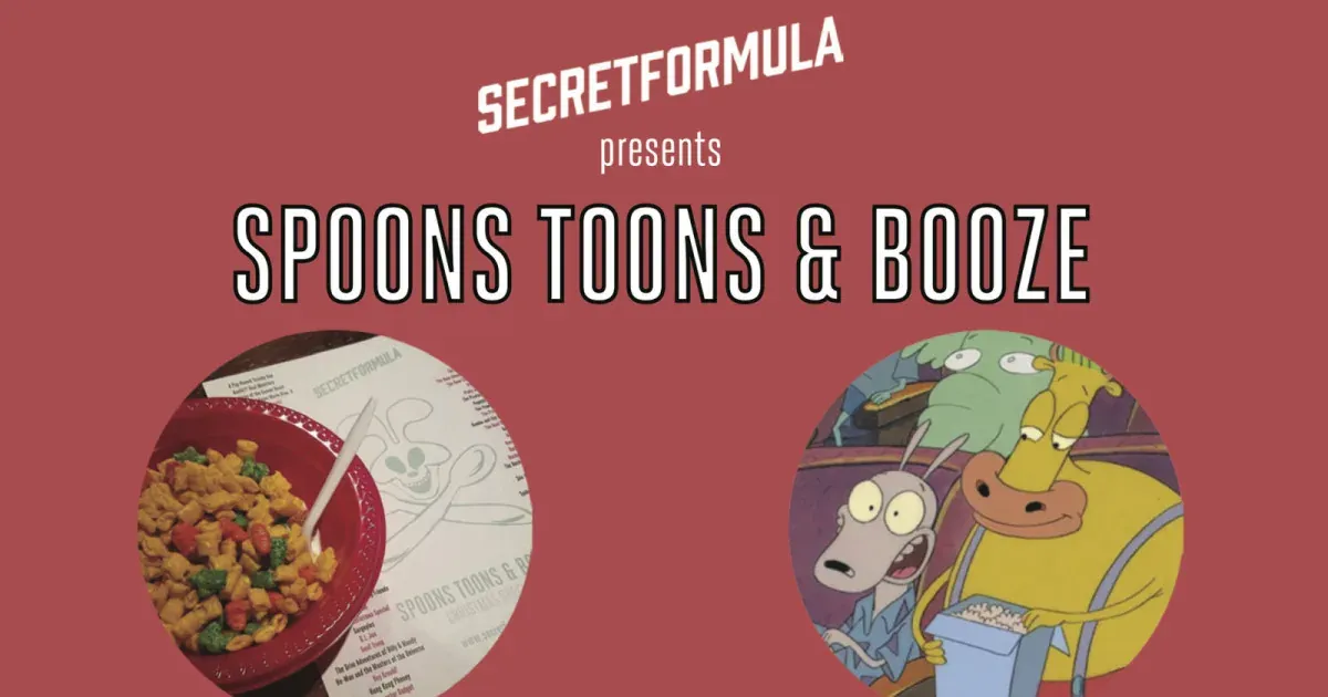 Spoons, Toons & Booze promo with a bowl of cereal and a still from the Rocko’s Modern Life cartoon