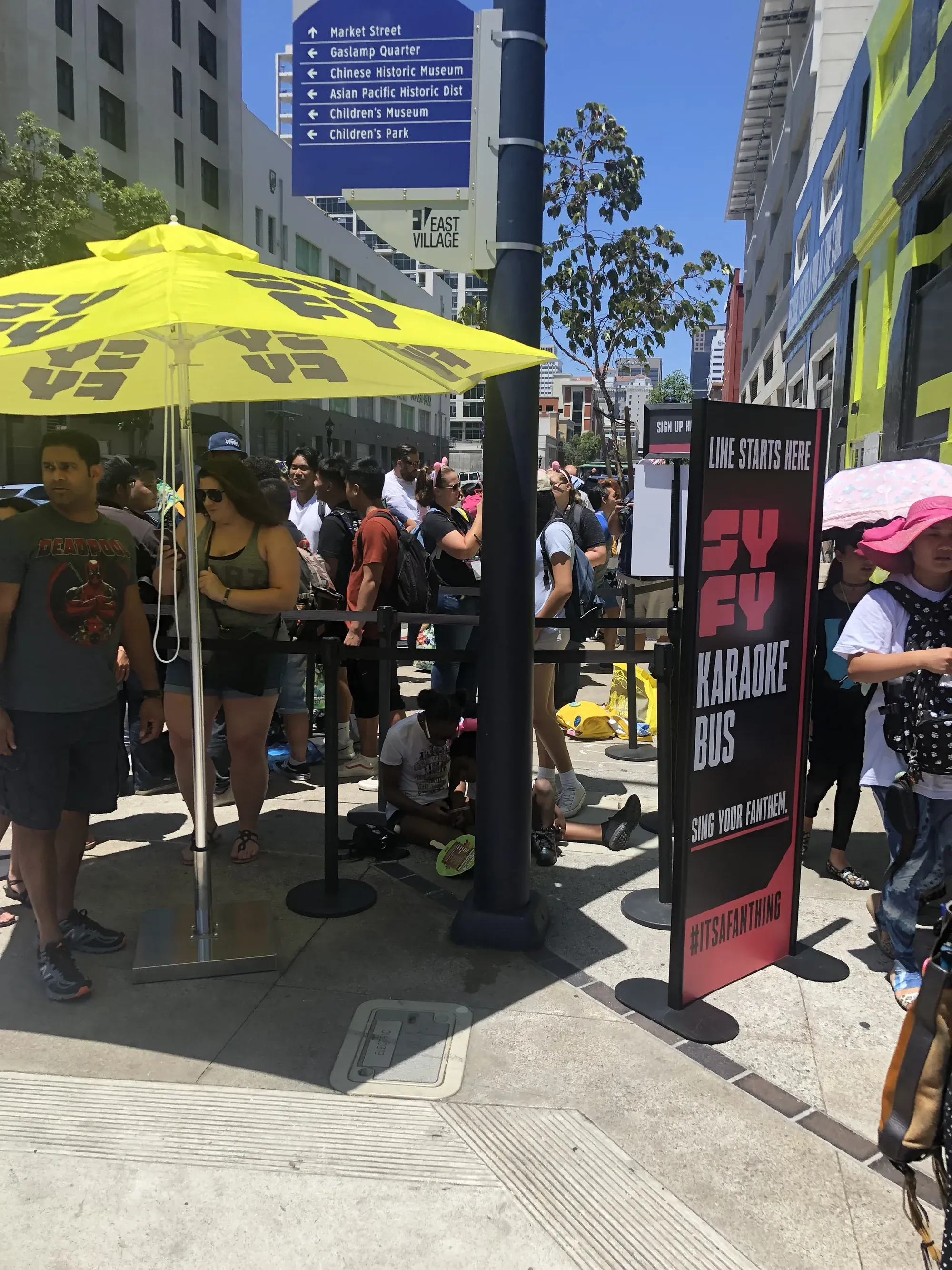Fans waiting in line for the SYFY Karaoke Bus at Comic-Con