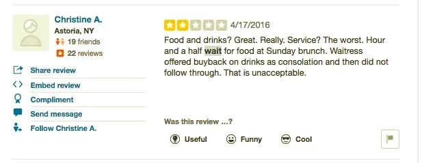 Two-star review complaining about an hour-and-a-half wait for food at Sunday brunch