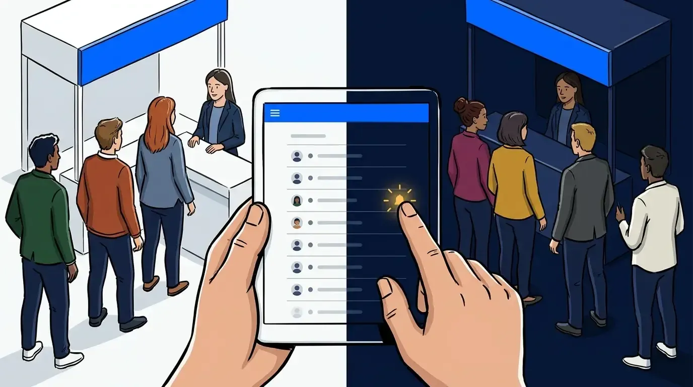 A hand tapping a notify icon on a tablet running a queue dashboard, the same activation shown day and night behind it