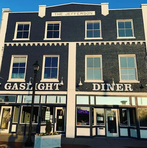 Brick facade of Gaslight Diner in the historic Jefferson Building in Jeffersontown, Kentucky