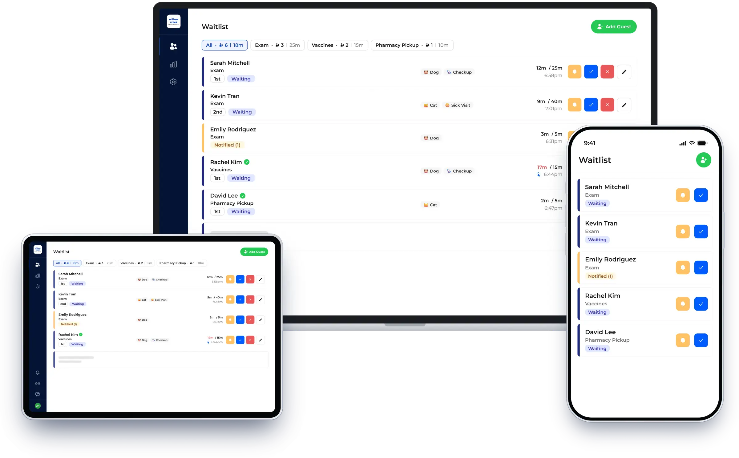 The waitlist on laptop, tablet and phone, shown in NextMe for a veterinary clinic