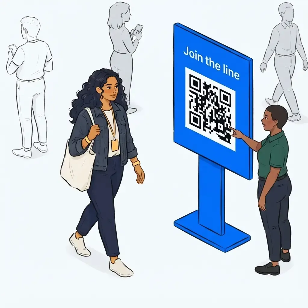 Event staff member pointing out the QR code a guest scans to join the virtual queue