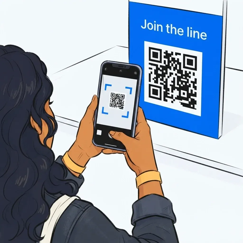 Guest scanning a QR code at an event booth to join the virtual queue
