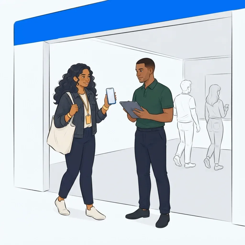 Guest showing her phone to staff on arriving back at an event activation