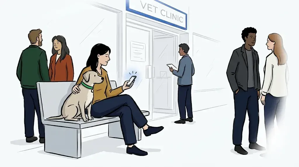 Dog and owner waiting calmly outside a vet clinic using a virtual waiting room