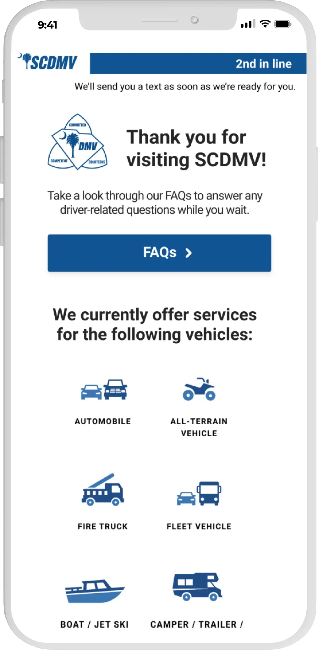 SCDMV’s virtual waiting room showing a customer 2nd in line, with a link to FAQs and the vehicle services offered