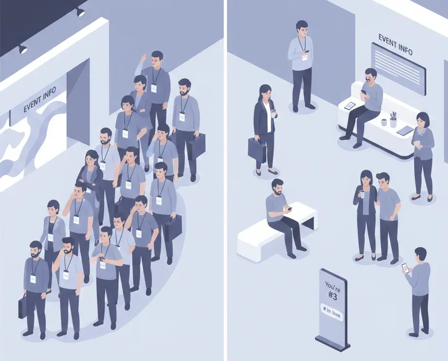 Comparison of physical lines versus virtual waitlists at an in-person event.