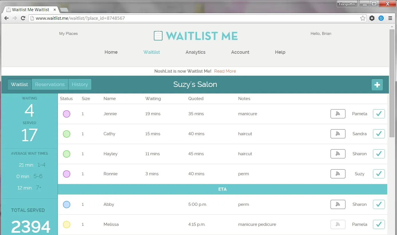 The Waitlist Me web app in a browser, showing a salon's waitlist with each guest's status, party size, name, time waiting, quoted wait and notes