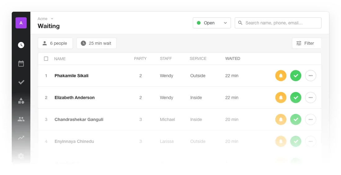The Waitwhile web app's Waiting list, showing each guest's name, party size, staff member, service and time waited