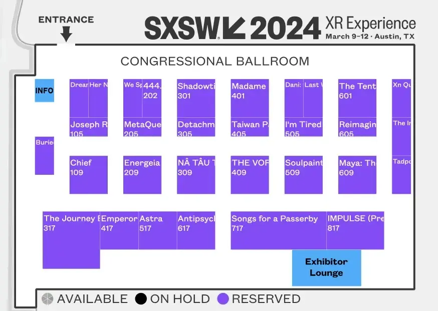 Floor map of the SXSW 2024 XR Experience exhibits in the Congressional Ballroom