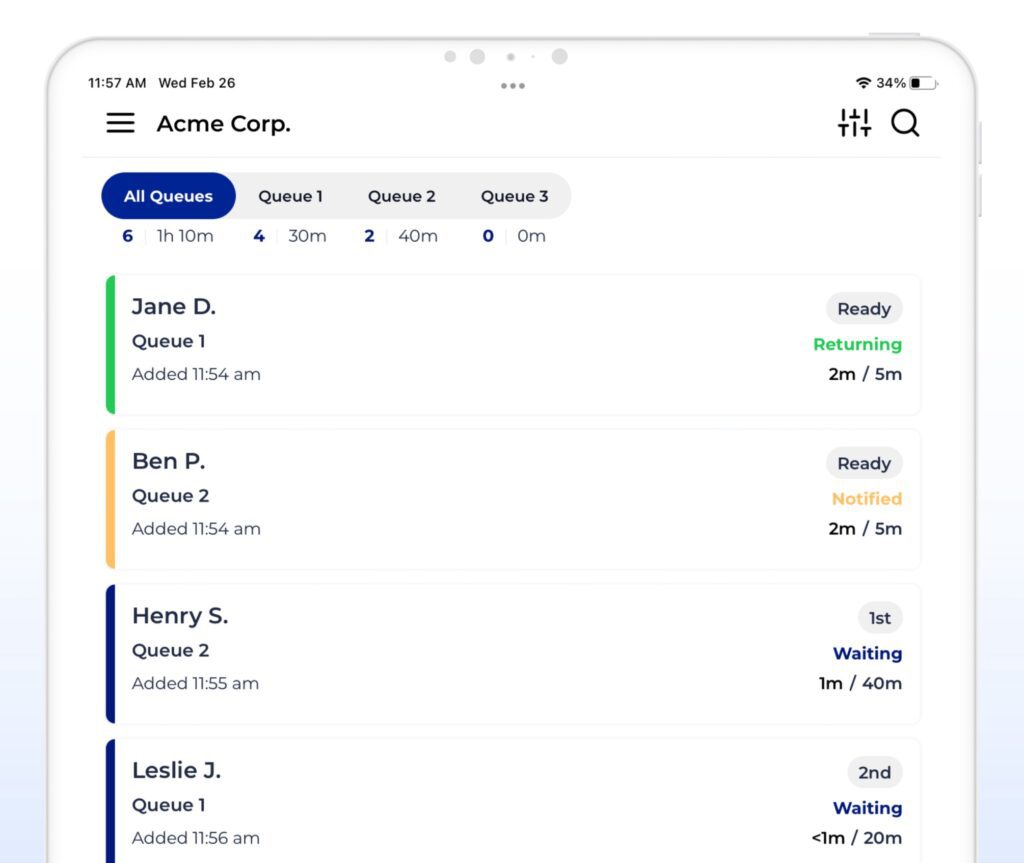 Event staff using virtual queue management dashboard