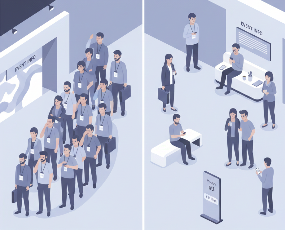 Comparison of physical lines versus virtual waitlists at an in-person event.