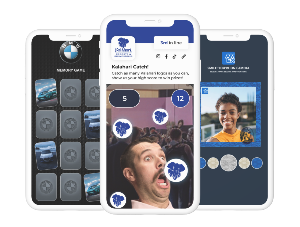 Branded VWR real estate: product carousels, sponsorships, games, videos, maps, social feeds, and CTAs. For events, turns wait time into measurable sponsor value.
