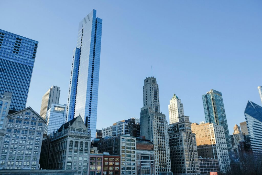 A stunning view of Chicago's diverse skyline featuring architectural marvels at daytime.