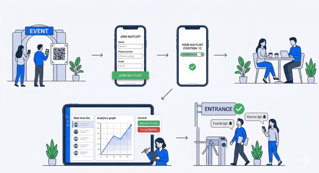 Illustration showing virtual waitlist use cases at conferences, brand activations, VIP lounges, and live events.