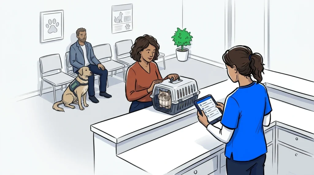 Vet clinic front desk scene with staff managing a waitlist app for vet clinics on a tablet