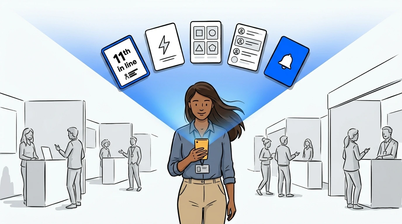Attendee holding a phone that projects virtual waiting room content cards at a brand activation event powered by NextMe