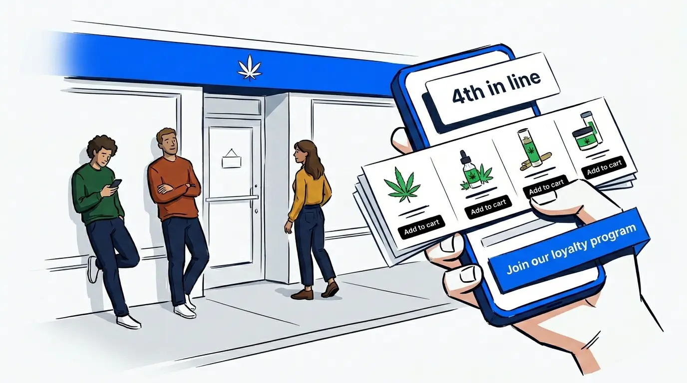 Dispensary customer holding a phone engaging with cannabis dispensary queue management virtual waiting room