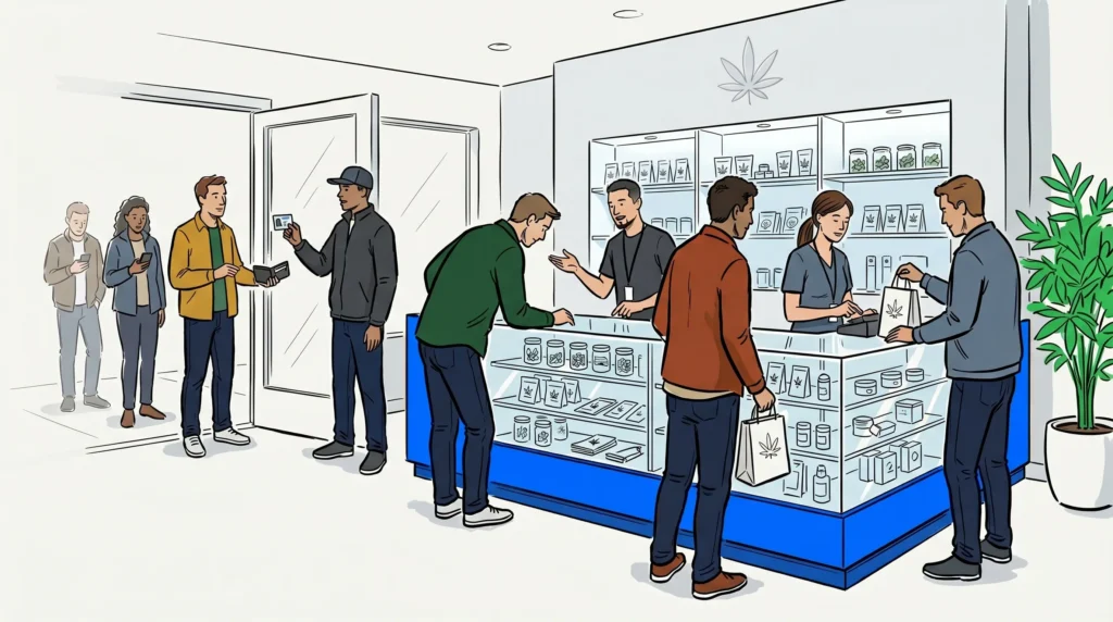 Dispensary interior with bouncer checking ID at entrance, budtenders at counter, and cannabis signage on the wall