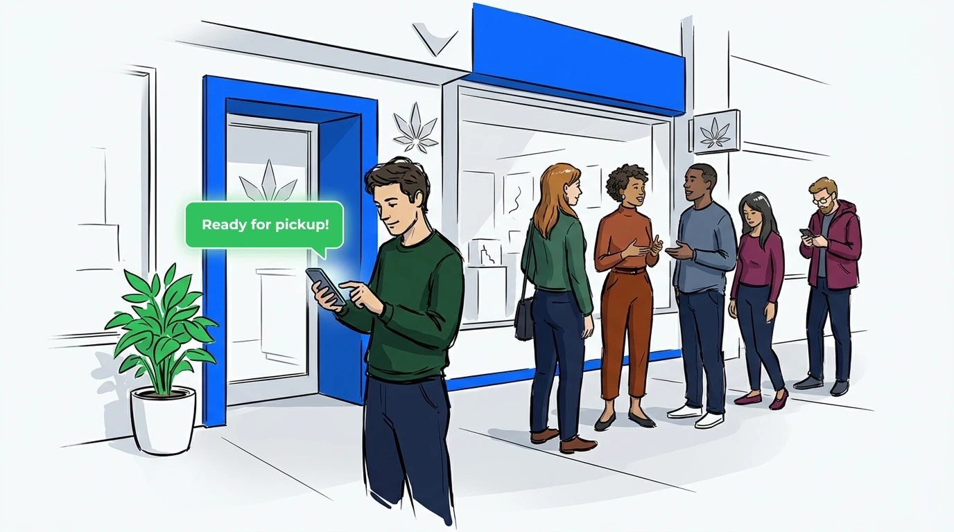 Dispensary waitlist app showing guests queuing outside a modern cannabis storefront with NextMe