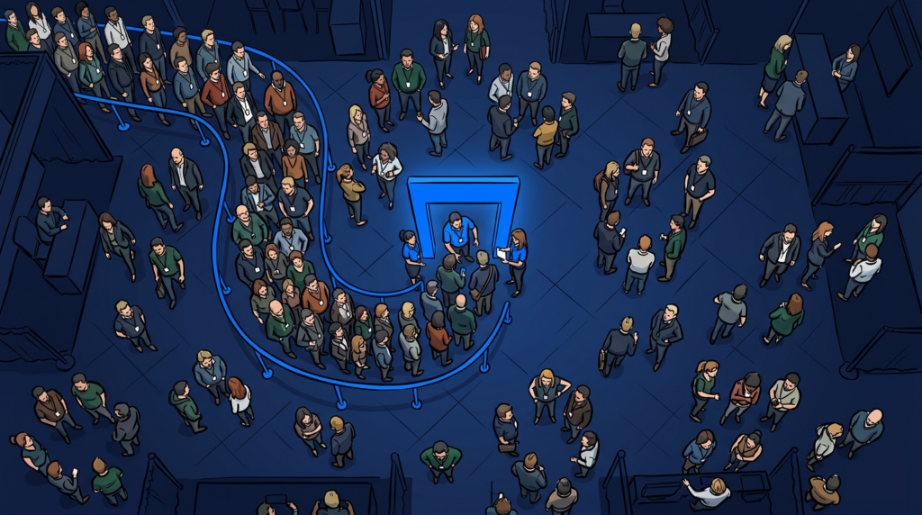 Aerial view of a winding conference attendee queue snaking across a dark convention floor, illustrating event queue management