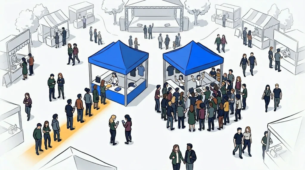 Aerial view of festival grounds showing orderly virtual queue at merch booth versus chaotic unmanaged crowd next door