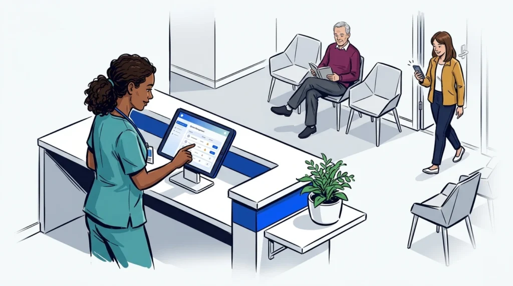 Urgent care nurse notifying a patient on a queue management tablet as another patient walks in after receiving a text