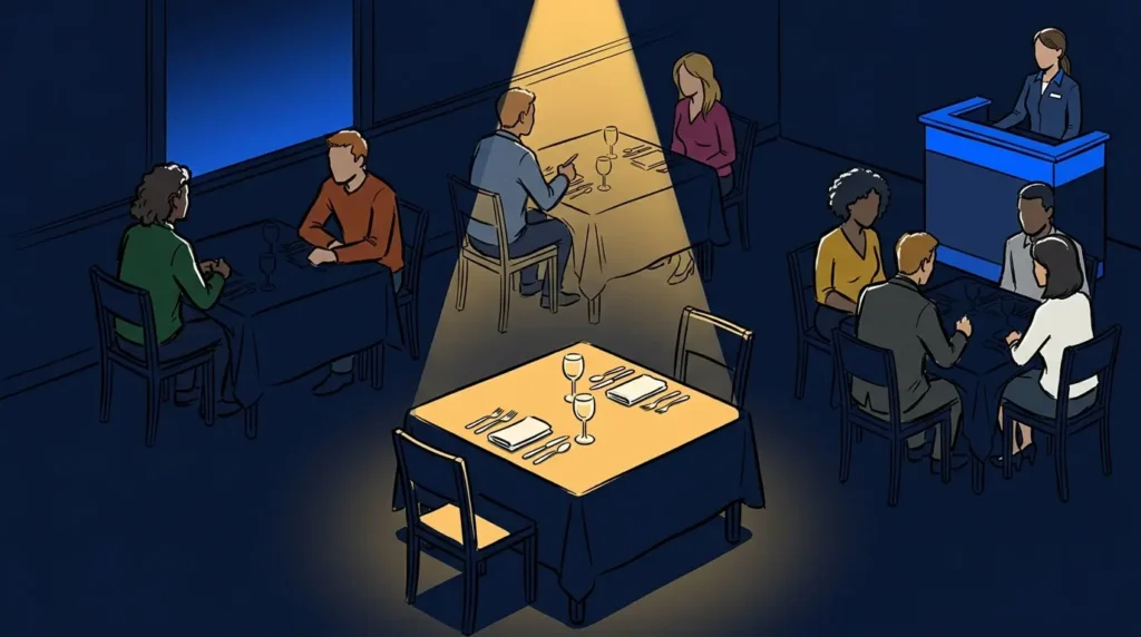 Empty spotlit restaurant table set for two, illustrating the cost of waitlist no-shows