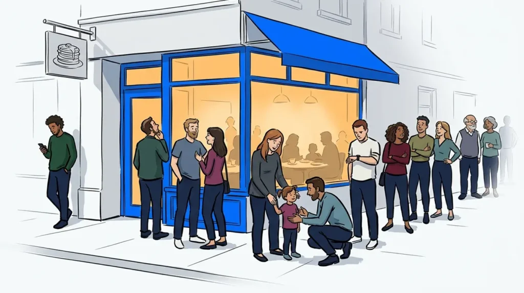 A long line of individuals, couples, and families waiting outside a brunch restaurant on a sunny morning