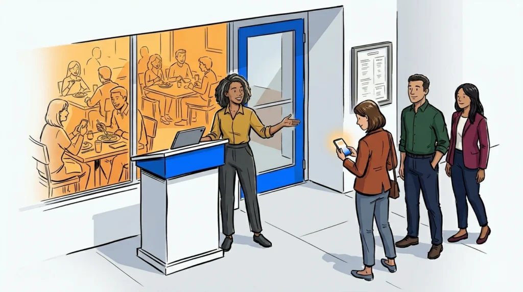 Restaurant entrance queue with guests using an app restaurant waiting list on mobile, managed by NextMe
