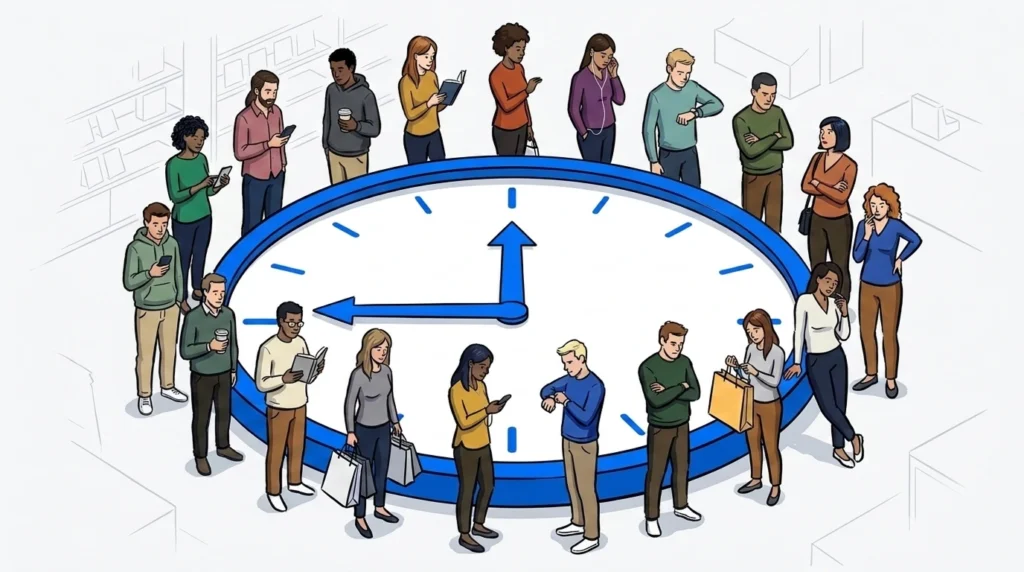 Shoppers waiting around a clock face illustrating retail peak hour queue management