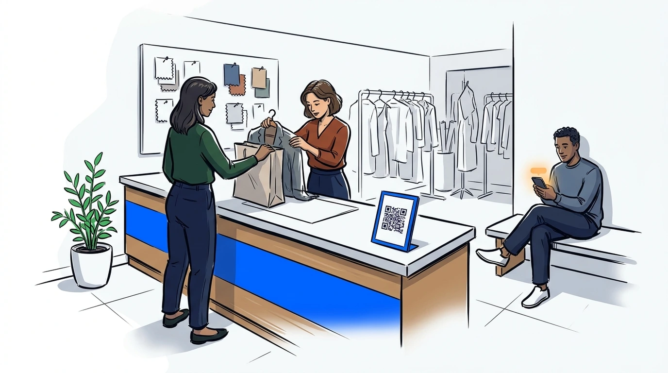 Retail service counter at a tailor studio with customers using queue management via SMS and QR code check-in