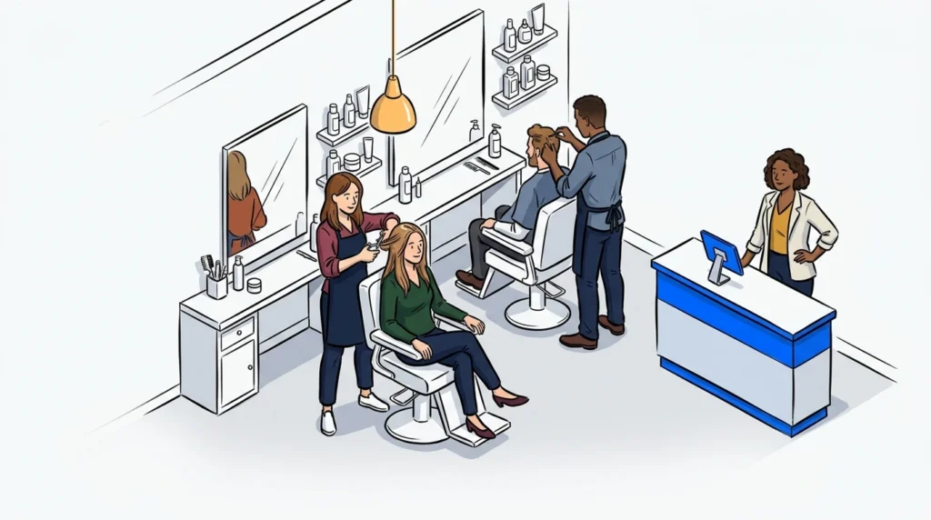 Illustration of a salon or barbershop interior showing walk-in queue management with NextMe