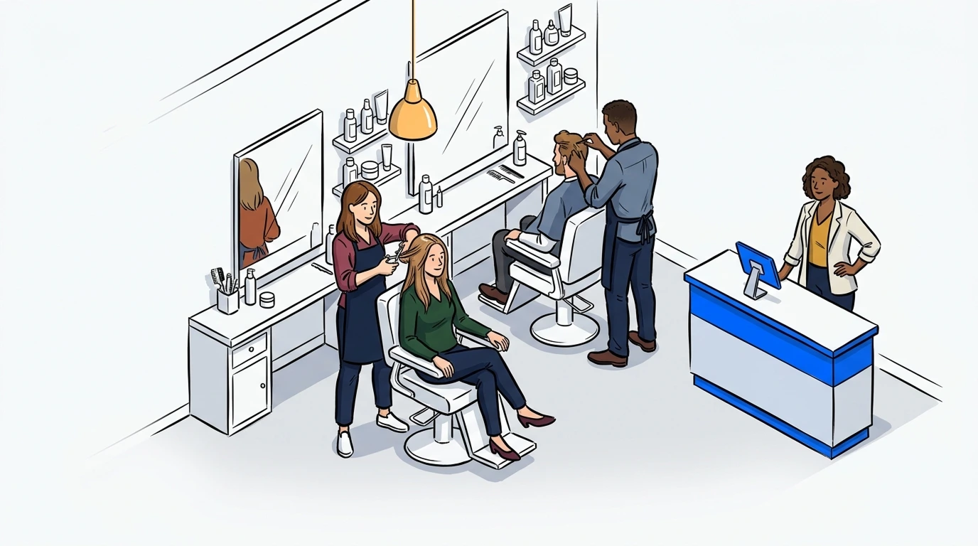 Illustration of a salon or barbershop interior showing walk-in queue management with NextMe