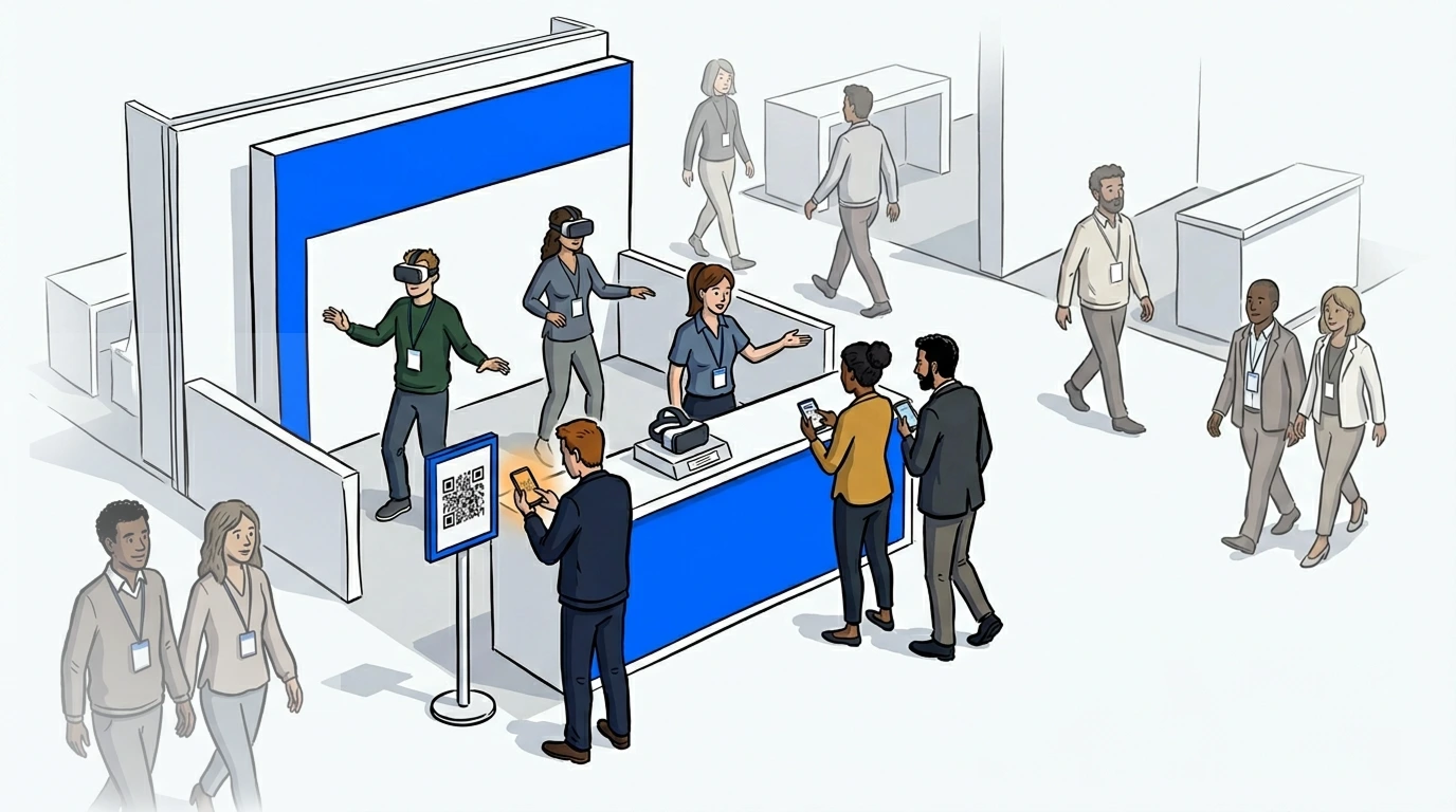 Trade show VR exhibit booth with stanchion QR code check-in and visitors scanning to join the waitlist
