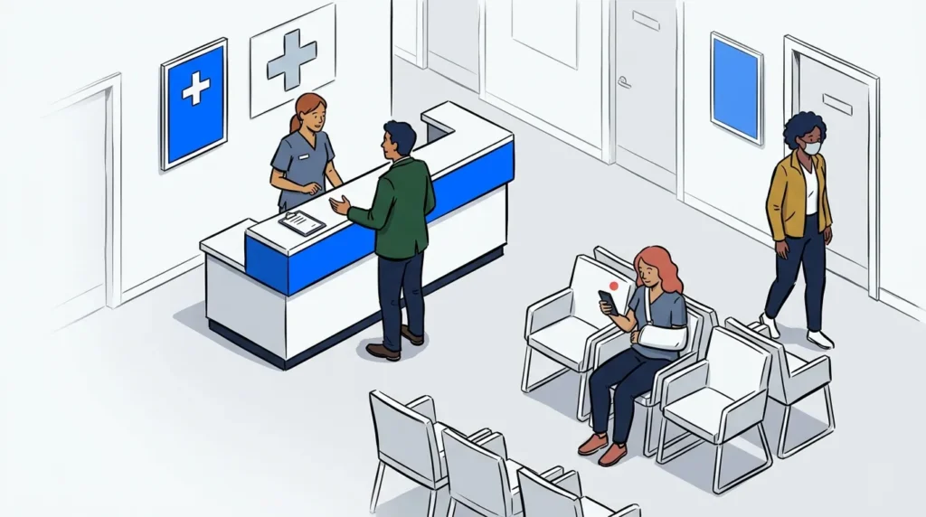 Urgent care virtual waiting room clinic waiting area with patients and front desk managed by NextMe
