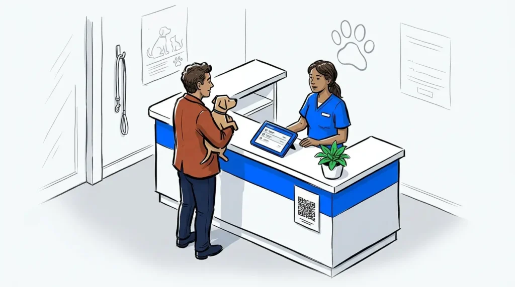 Pet owner holding a dog at a veterinary clinic reception desk with queue management tablet and QR check-in sign