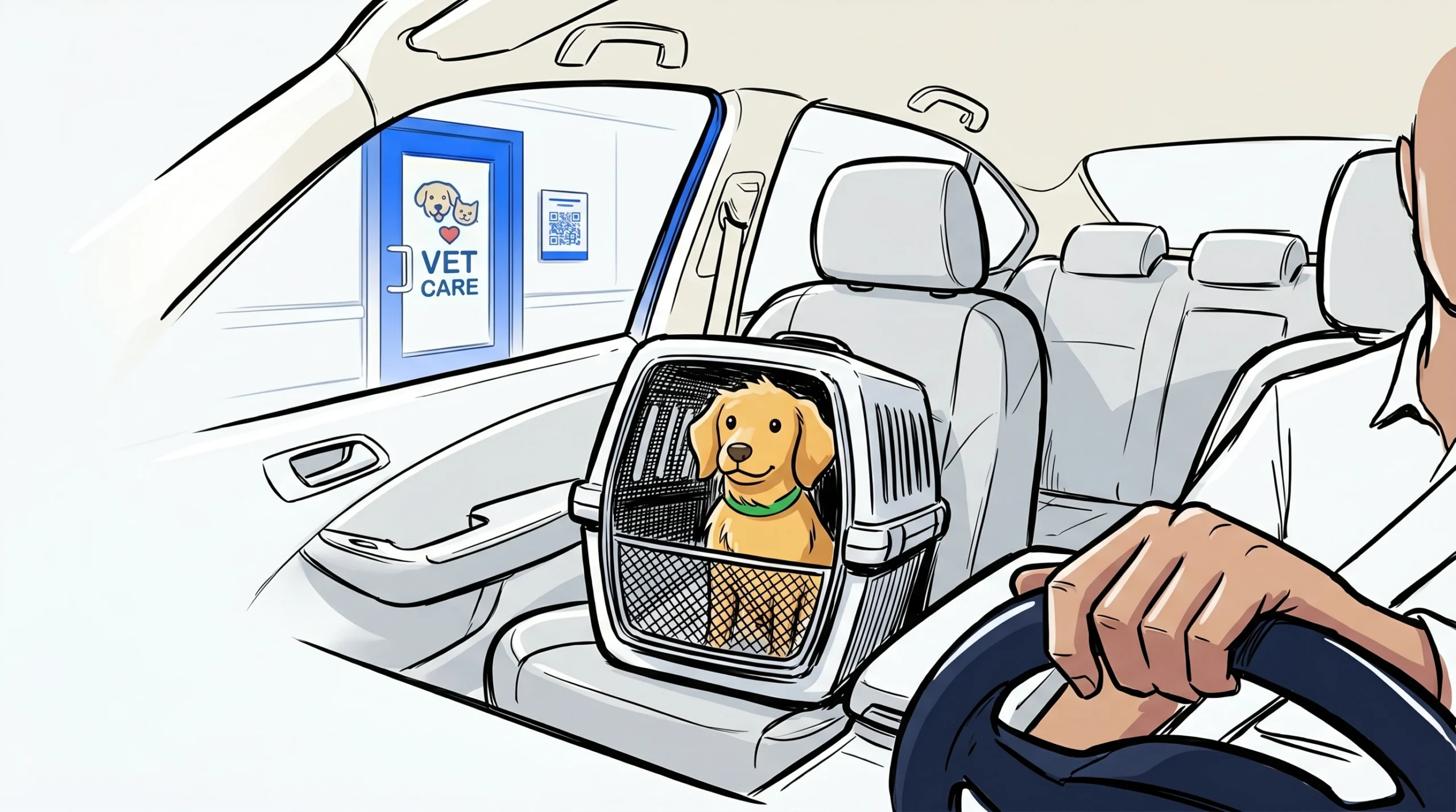 Dog in a pet carrier in a car waiting outside a vet clinic, illustrating a veterinary waitlist app experience