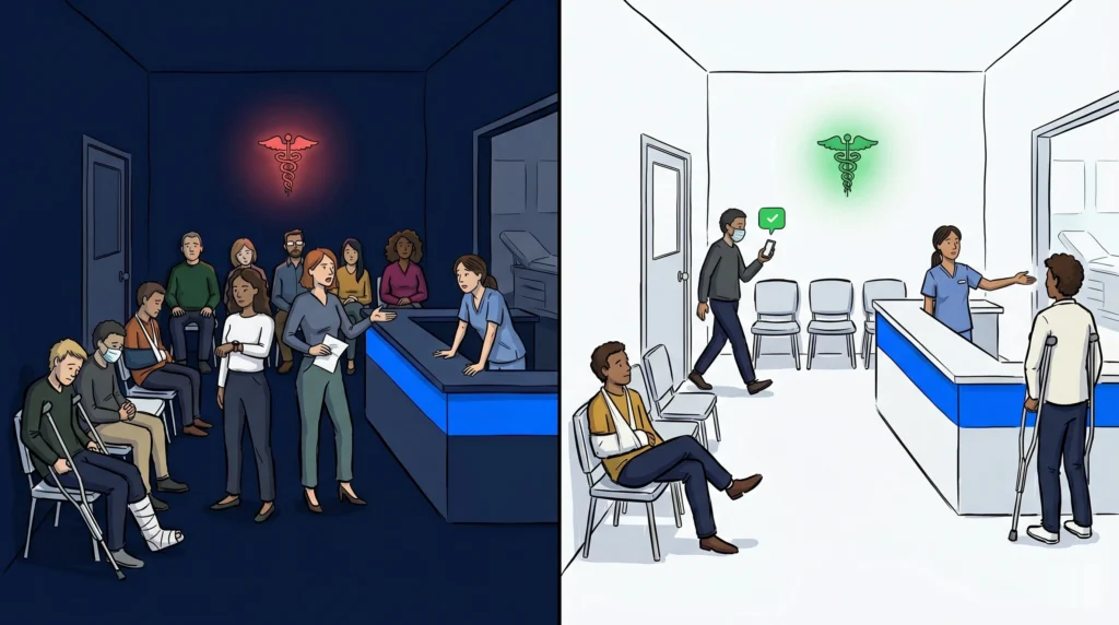 Walk-in clinic reception area with patients queuing and checking in on a waitlist app
