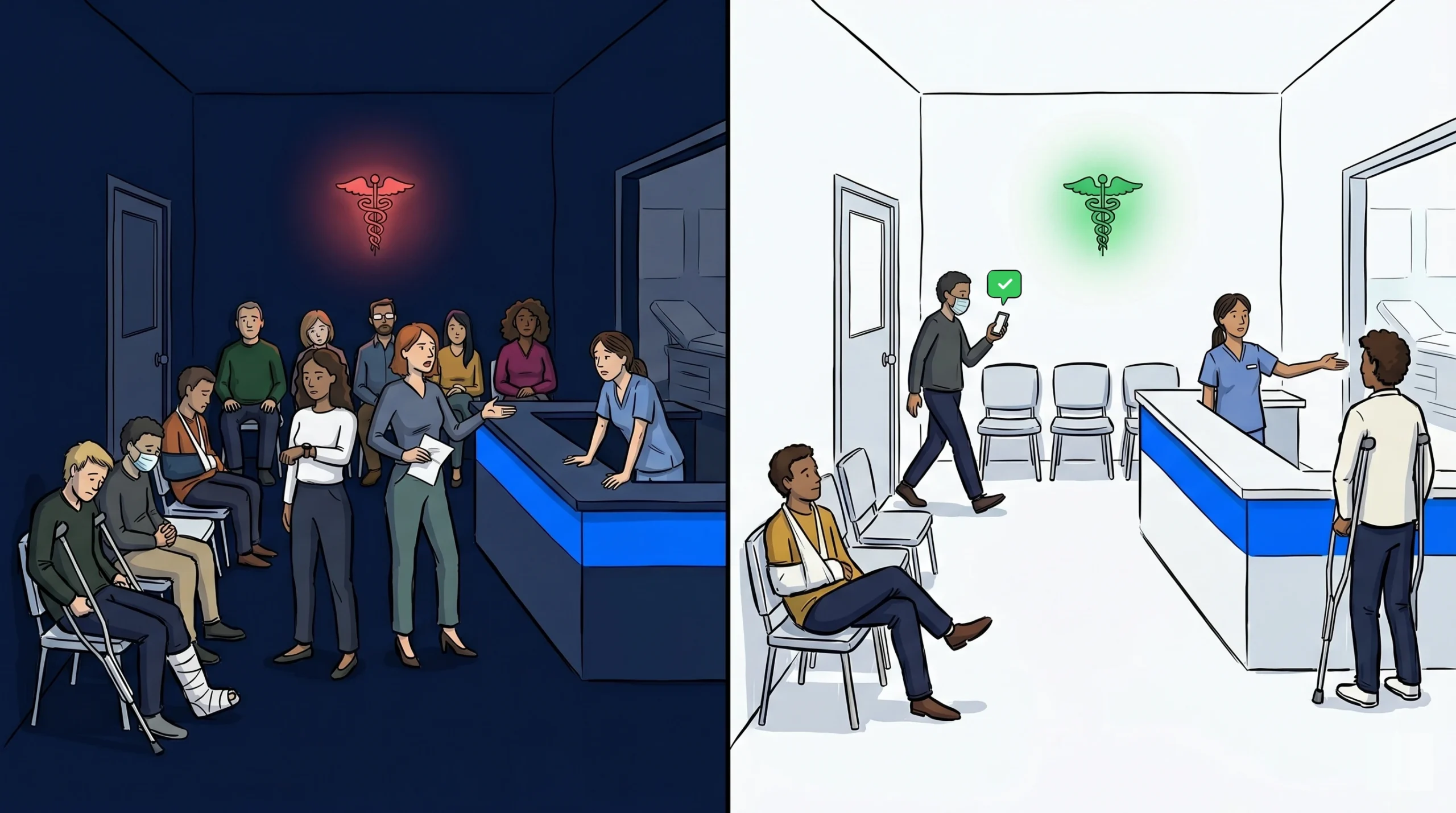 Walk-in clinic reception area with patients queuing and checking in on a waitlist app