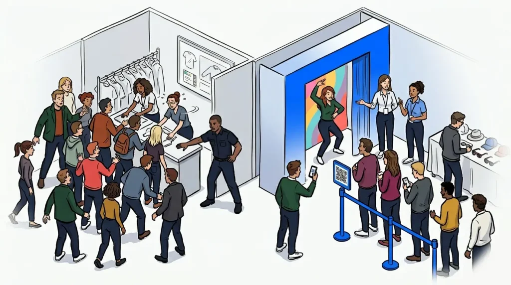 Two event activation booths contrasting unmanaged crowd chaos with an organized virtual queue line