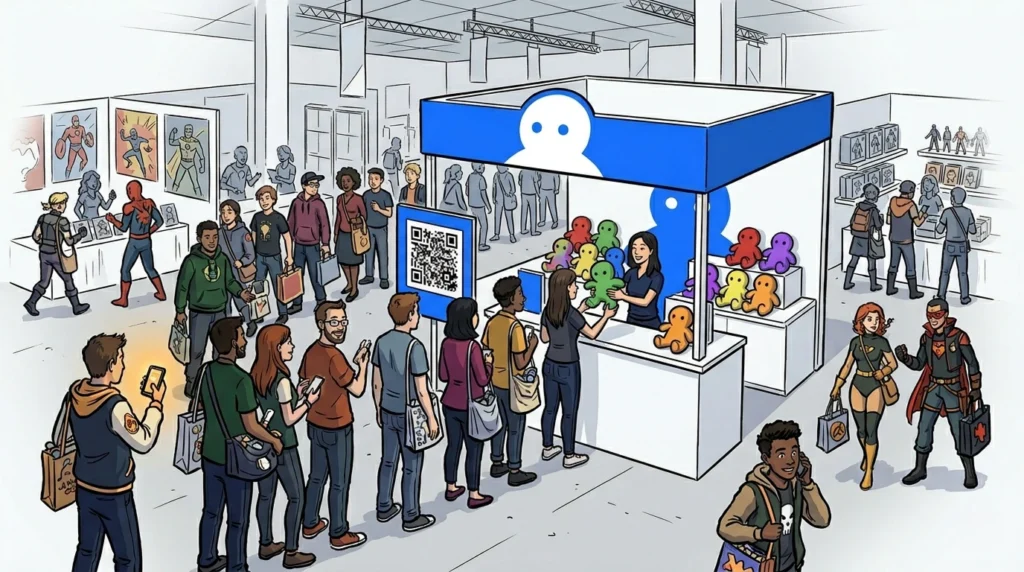 Exhibitor managing a fan convention booth queue with digital check-in and virtual waiting room