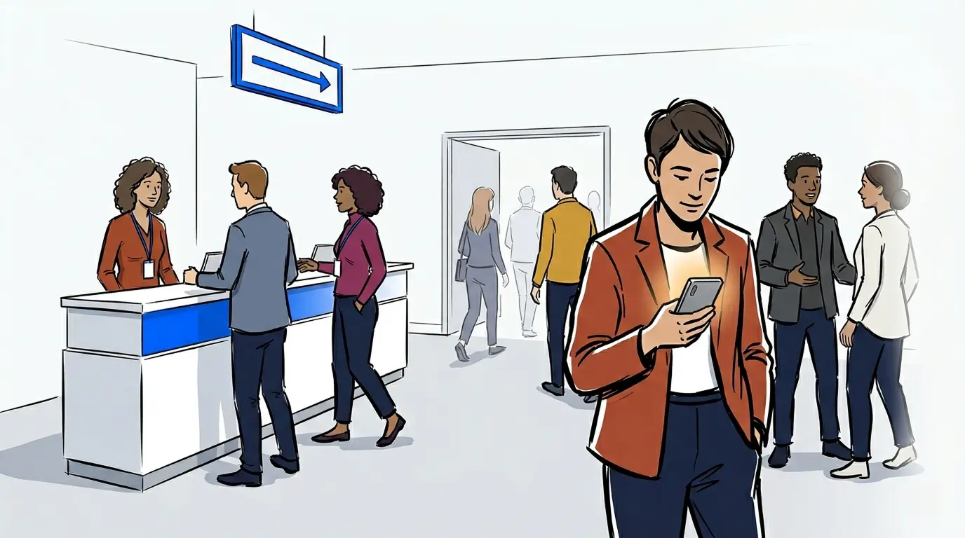 Illustration of conference attendee management software as guests check in and join a virtual queue from their phones.