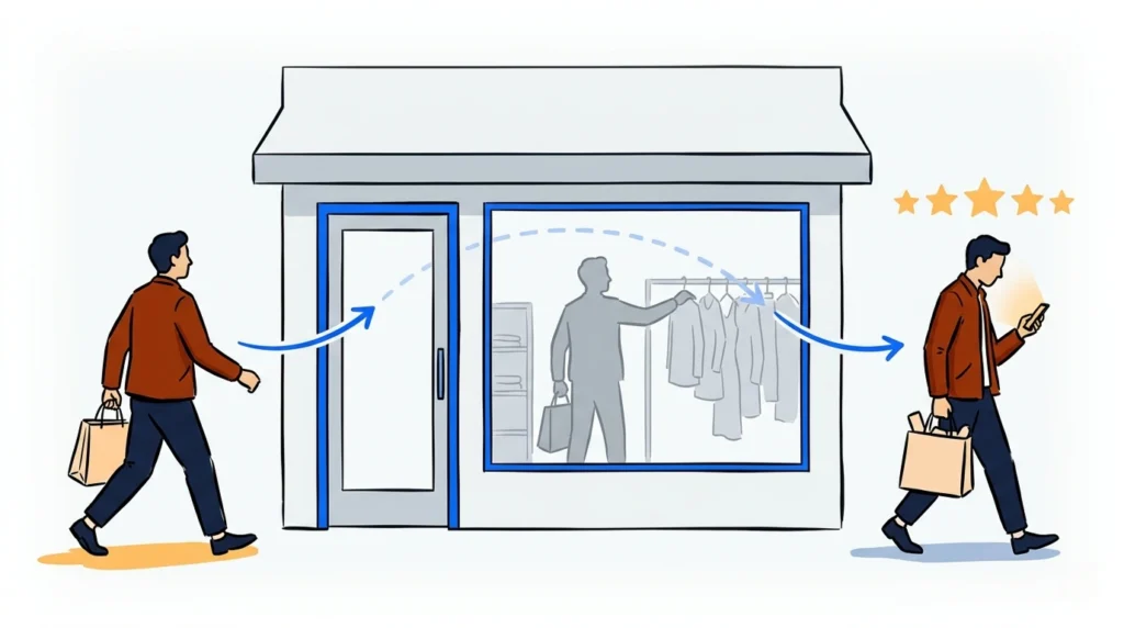 Illustration of a customer entering and exiting a retail store with five star review, representing the retail customer experience loop
