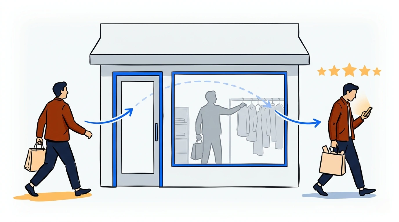 Illustration of a customer entering and exiting a retail store with five star review, representing the retail customer experience loop