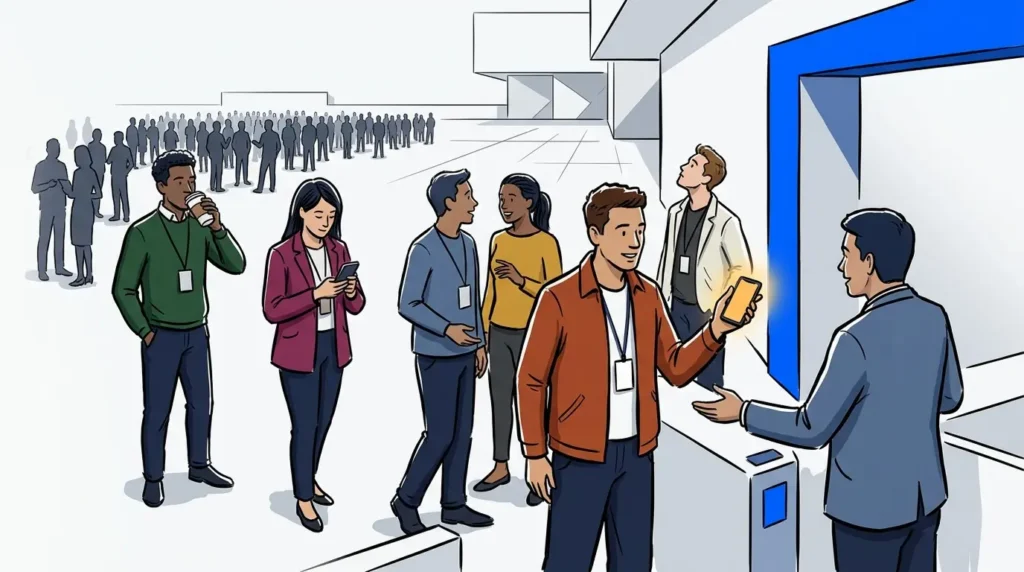 Event crowd flow management with virtual queue check-in at a large outdoor venue entrance