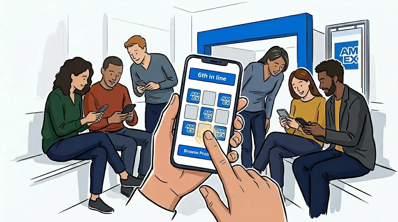 Illustration of guests at a brand activation event queue checking their phones showing virtual waiting room position counters