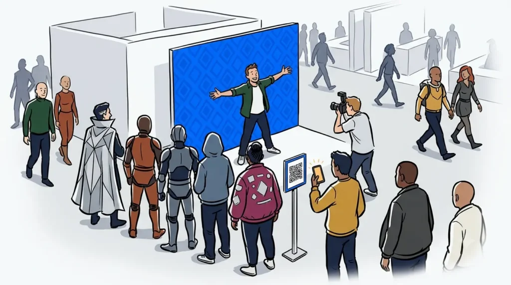 Fan convention queue management at a NextMe-powered fandom event activation booth with QR check-in